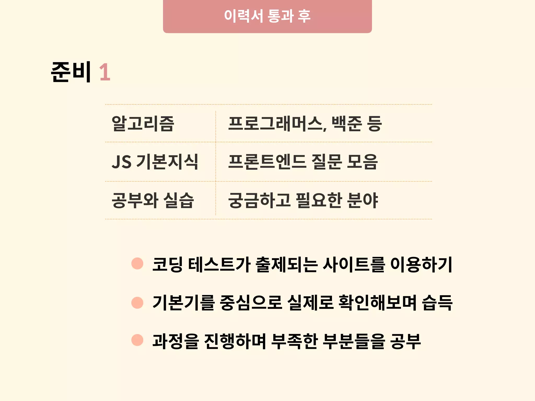 이력서 통과 후
알고리즘
JS 기본지식
공부와 실습
프로그래머스, 백준 등
프론트엔드 질문 모음
궁금하고 필요한 분야
코딩 테스트가 출제되는 사이트를 이용하기
기본기를 중심으로 실제로 확인해보며 습득
과정을 진행하며 부족한 부분들을 공부
준비 1
 