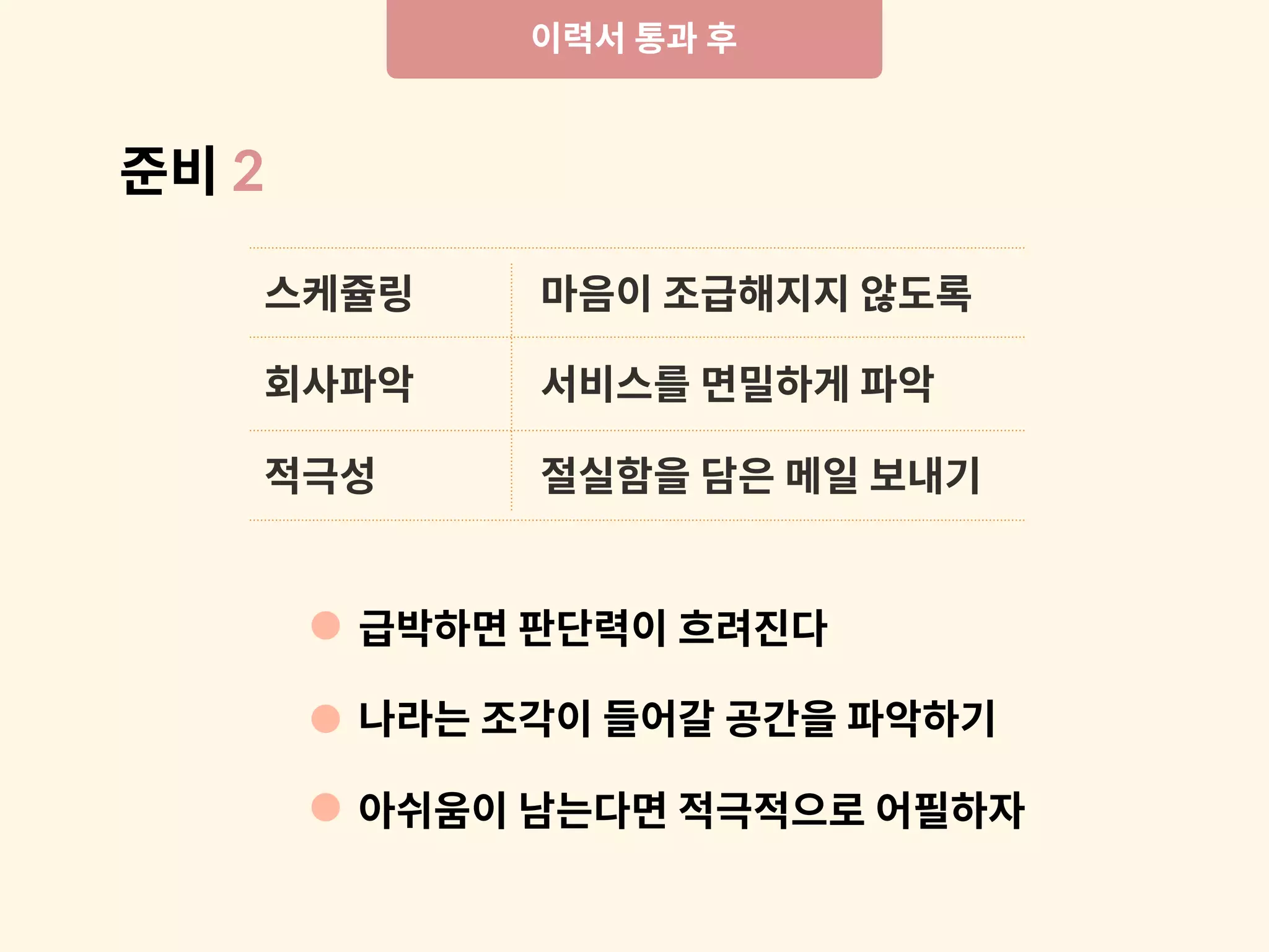이력서 통과 후
스케쥴링
회사파악
적극성
마음이 조급해지지 않도록
서비스를 면밀하게 파악
절실함을 담은 메일 보내기
급박하면 판단력이 흐려진다
나라는 조각이 들어갈 공간을 파악하기
아쉬움이 남는다면 적극적으로 어필하자
준비 2
 
