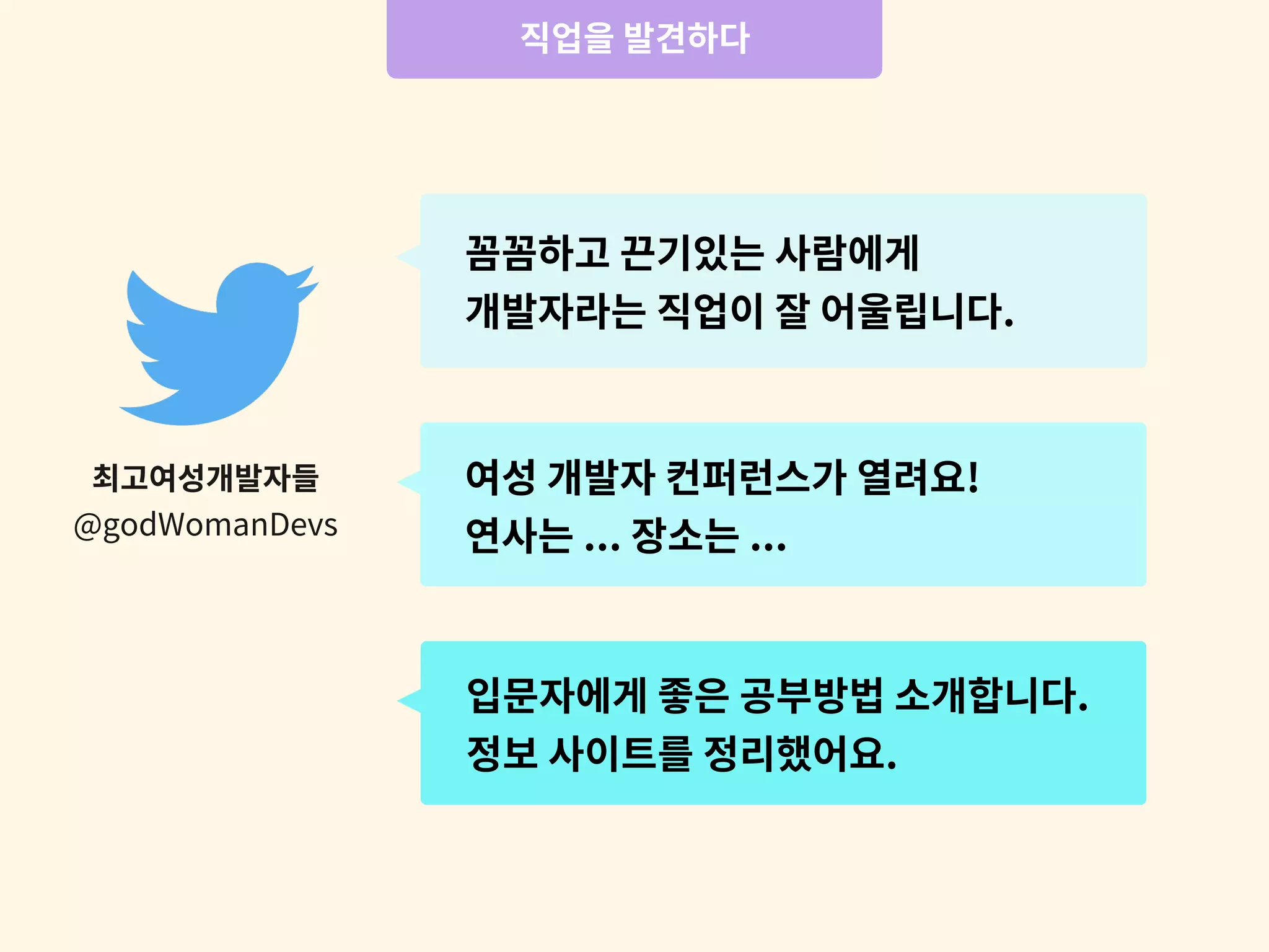 꼼꼼하고 끈기있는 사람에게
개발자라는 직업이 잘 어울립니다.
여성 개발자 컨퍼런스가 열려요!
연사는 ... 장소는 ...
입문자에게 좋은 공부방법 소개합니다.
정보 사이트를 정리했어요.
최고여성개발자들
@godWomanDevs
직업을 발견하다
 
