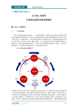 MISC服务专题             FUWUZHUANTI

◇ MISC 服务专题之三

                        以 ITIL 为指导
                  打造高品质的卓望运维服务


■ 文/肖力（卓望数码）

一、    什么是 ITIL

  ITIL（IT Infrastructure Library）——IT 基础架构库，起源是 20 世纪 80 年代末期由英国
国家计算机和电信局(CCTA，            后来并入英国商务部)的     “信息技术基础架构管理方法论”   项目，
目标是为开发一套规范化的、可进行财务计量的 IT 资源使用方法，这就是最初的 ITILv1 版
本；90 年代末，CCTA 又在 HP、IBM、BMC、CA、Peregrine 等主流 IT 资源管理软件厂商
所做出的一系列实践和探索的基础之上，                 总结了 IT 服务的最佳实践经验，   形成了一系列基于
流程的方法，用以规范 IT 服务的水平，这就是 ITILv2 版本。




全球数以万计的公司在参考其方法论管理自己的 IT 系统，它已经成为 IT 服务管理领域全球
广泛认可最佳实践框架，被视为提供 IT 服务最有效的方法。2007 年 OGC（英国商务部）在
在全球发布了 ITIL 最新版本---ITIL V3，基于服务生命周期的 V3 版本整合了 v1 和 v2 的精华，
并与时俱进 的融入了 当前最佳实践，        它共有 5 本核心书籍组成， 涵盖了 IT 服务的 5 个生命
周期，见下图。从最初的定义和分析业务需求的服务战略和服务设计，通过服务转移转移到


           2010 年 2 月                                       119
 