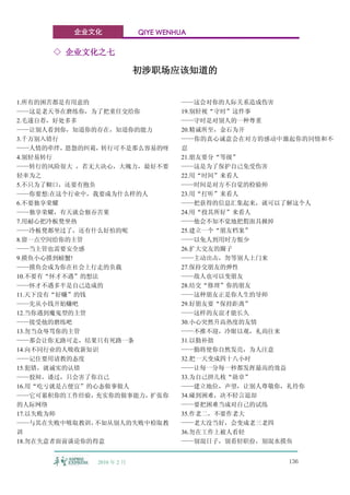 企业文化             QIYE WENHUA

      ◇ 企业文化之七

                          初涉职场应该知道的


1.所有的困苦都是有用意的                      ——这会对你的人际关系造成伤害
——这是老天爷在磨练你，为了把重任交给你               19.别轻视“守时”这件事
2.毛遂自荐，好处多多                        ——守时是对别人的一种尊重
——让别人看到你，知道你的存在，知道你的能力             20.精诚所至，金石为开
3.千万别入错行                           ——你的真心诚意会在对方的感动中激起你的同情和不
——人情的牵绊，恩怨的纠葛，转行可不是那么容易的呀          忍
4.别轻易转行                            21.朋友要分“等级”
——转行的风险很大 ，若无大决心，大魄力，最好不要          ——这是为了保护自己免受伤害
轻率为之                               22.用“时间”来看人
5.不只为了糊口，还要有抱负                     ——时间是对方不自觉的检验师
——你要想:在这个行业中，我要成为什么样的人             23.用“打听”来看人
6.不要独享荣耀                           ——把获得的信息汇集起来，就可以了解这个人
——独享荣耀，有天就会独吞苦果                    24.用“投其所好”来看人
7.用耐心把冷板凳坐热                        ——他会不知不觉地把假面具掀掉
——冷板凳都坐过了，还有什么好怕的呢                 25.建立一个“朋友档案”
8.留一点空间给你的主管                       ——以免人到用时方恨少
——当主管也需要安全感                        26.扩大交友的圈子
9.摸鱼小心摸到螃蟹!                        ——主动出击，勿等别人上门来
——摸鱼会成为你在社会上行走的负载                  27.保持交朋友的弹性
10.不要有“怀才不遇”的想法                    ——敌人也可以变朋友
——怀才不遇多半是自己造成的                     28.结交“修理”你的朋友
11.天下没有“好赚”的钱                      ——这种朋友正是你人生的导师
——先从小钱开始赚吧                         29.好朋友要“保持距离”
12.当你遇到魔鬼型的主管                      ——这样的友谊才能长久
——接受他的磨练吧                          30.小心突然升高热度的友情
13.勿当众辱骂你的主管                       ——不推不迎，冷眼以观，礼尚往来
——那会让你无路可走，结果只有死路一条                31.以勤补拙
14.向不同行业的人吸收新知识                    ——勤将使你自然发亮，为人注意
——记住要用请教的态度                        32.把一天变成四十八小时
15.犯错，就诚实的认错                       ——让每一分每一秒都发挥最高的效益
——狡辩，诿过，只会害了你自己                    33.为自己拼几枚“勋章”
16.用“吃亏就是占便宜”的心态做事做人               ——建立地位，声望，让别人尊敬你，礼待你
——它可累积你的工作经验，充实你的做事能力，扩张你          34.碰到困难，决不轻言退却
的人际网络                              ——要把困难当成对自己的试练
17.以失败为师                           35.作老二，不要作老大
——与其在失败中吸取教训， 不如从别人的失败中检取教         ——老大没当好，会变成老三老四
训                                  36.勿在工作上被人看轻
18.勿在失意者面前谈论你的得意                   ——别混日子，别看轻职份，别混水摸鱼


             2010 年 2 月                            136
 