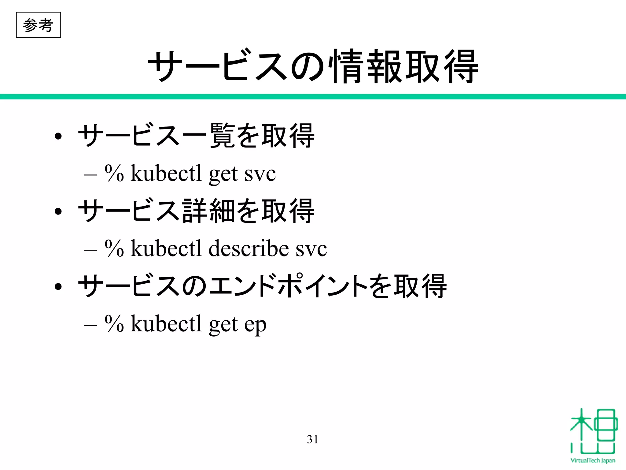 サービスの情報取得
• サービス一覧を取得
– % kubectl get svc
• サービス詳細を取得
– % kubectl describe svc
• サービスのエンドポイントを取得
– % kubectl get ep
31
参考
 