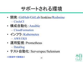 サポートされる環境
• 開発：GitHub/GitLab/Jenkins/Redmine
– CircleCI
• 構成自動化：Ansible
– CloudFormation
• インフラ：Kubernetes
– AWS EKS
• 運用監...