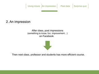 2. An impression

                     After class, post impressions
                 (something to know, fun, improvement)
                            on Facebook.




   Then next class, professor and students has more efficient course.
 