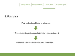 3. Post data

                 Post instructional topic in advance.




         Then students post materials (photo, video, article)




           Professor use students data next classroom.
 