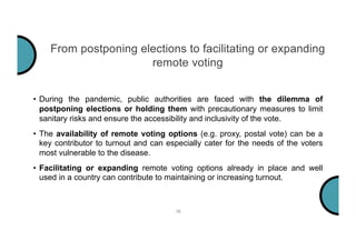 From postponing elections to facilitating or expanding
remote voting
• During the pandemic, public authorities are faced with the dilemma of
postponing elections or holding them with precautionary measures to limit
sanitary risks and ensure the accessibility and inclusivity of the vote.
• The availability of remote voting options (e.g. proxy, postal vote) can be a
key contributor to turnout and can especially cater for the needs of the voters
most vulnerable to the disease.
• Facilitating or expanding remote voting options already in place and well
used in a country can contribute to maintaining or increasing turnout.
19
 