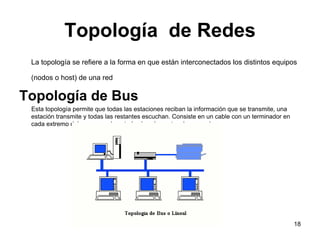 18
Topología de Redes
La topología se refiere a la forma en que están interconectados los distintos equipos
(nodos o host) de una red
Topología de Bus
Esta topología permite que todas las estaciones reciban la información que se transmite, una
estación transmite y todas las restantes escuchan. Consiste en un cable con un terminador en
cada extremo del que se cuelgan todos los elementos de una red.
 