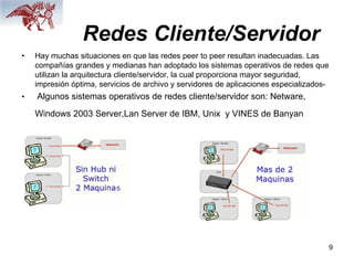 9
Redes Cliente/Servidor
• Hay muchas situaciones en que las redes peer to peer resultan inadecuadas. Las
compañías grandes y medianas han adoptado los sistemas operativos de redes que
utilizan la arquitectura cliente/servidor, la cual proporciona mayor seguridad,
impresión óptima, servicios de archivo y servidores de aplicaciones especializados-
• Algunos sistemas operativos de redes cliente/servidor son: Netware,
Windows 2003 Server,Lan Server de IBM, Unix y VINES de Banyan
 
