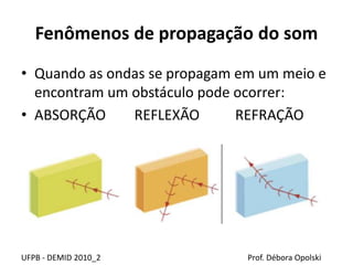 Fenômenos de propagação do som
UFPB - DEMID 2010_2 Prof. Débora Opolski
• Quando as ondas se propagam em um meio e
encontram um obstáculo pode ocorrer:
• ABSORÇÃO REFLEXÃO REFRAÇÃO
 