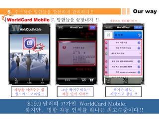 WorldCard Mobile 로 명함들을 끝장내자  !! 세상을 이어주는 힘 월드카드 모바일 !! 그냥 찍어주세요 !! 자동 인식 시작 !! 찍기만 해도 , 자동으로 정렬  !! 찍어만 주세요 자 !  인식해줘 !! 자동으로 정리됩니다 !! Click!! Our way 5.  수두룩한 명함들을 깔끔하게 관리하자 !! $19.9 달러의 고가인  WorldCard Mobile.  하지만 ,  명함 자동 인식률 하나는 최고수준이다 !! 