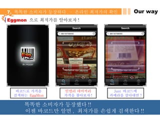 Eggmon  으로 최저가를 알아보자 !  바코드로 가격을 검색하는  EggMon 인델리 데미커리 가격을 찾아보자 ! Just  바코드에 카메라를 갖다대면 ? 바코드만 찍어라 !!!! Our way 7.  똑똑한 소비자가 등장하다 . –  온라인 최저가의 확인 똑똑한 소비자가 등장했다 !!  이젠 바코드만 알면 ,  최저가를 손쉽게 검색한다 !! 