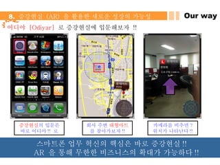 어디야  [Odiyar]  로 증강현실에 입문해보자  !! 증강현실 의 입문은 바로 어디야 !!  로 회사 주변  대형마트 를 찾아가보자 !! 카메라를 비추면 ? 위치가 나타난다 !! Our way 8.  증강현실  (AR)  을 활용한 새로운 성장의 가능성  스마트폰 업무 혁신의 핵심은 바로 증강현실 !!  AR  을 통해 무한한 비즈니스의 확대가 가능하다 !! 