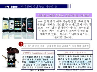 모바일 시장을 통째로 변화시키는 나비효과 해당  BP  를 보기 전에 ,  먼저 확인 하고 넘어갈 두 가지 핵심 개념 !!! 증강현실은 현존하는 세계에 가상의 세계를 덧붙인 기술을 의미한다 .  이를테면 인터넷쇼핑몰에서 쇼핑을 하다가 마음에 드는 옷이 있으면 가상으로 입어볼 수 있는 기술이다 . 증강현실  (Augmeneted Reality) 기지국의 통화 기능에 의존하던 휴대폰과 달리 스마트폰들은  Wi-Fi 와  GPS 를 탑재하고 있어 ,  이와 관련된 서비스들이 늘어가고 있다 .  이를 활용한 서비스로는 지도 서비스가 대표적이다 .  GPS  위치 기반 서비스 Prologue .  아이폰이 바꿔 놓은 세상의 틀 . 아이폰의 출시 이후 이동통신업 · 휴대전화  제조업 · 콘텐츠 개발업 등 스마트폰과 직접적 으로  관련 있는 분야뿐만 아니라 스마트폰  사용자 · 기업 · 산업에 이르기까지 변화를  가져오고 있다 .  이른바  ` 나비효과 ` 를  불러온 것이다 .  ! 