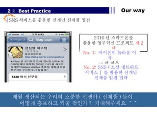 2 차  Best Practice  Our way 2010 년 스마트폰을 활용한 업무혁신 프로젝트  제 2 탄 No. 1:  아이폰이 놀라운 이유 … 에 이은  No. 2:  SNS ( 소셜 네트워트 서비스 ]  를 활용한 신개념 신제품 입점 전략 SNS 서비스를 활용한 신개념 신제품 입점 매월 생산되는 우리의 소중한 신생아 ( 신제품 ) 들이  어떻게 홍보하고 키울 것인가 ?  기대해주세요  ^^ 
