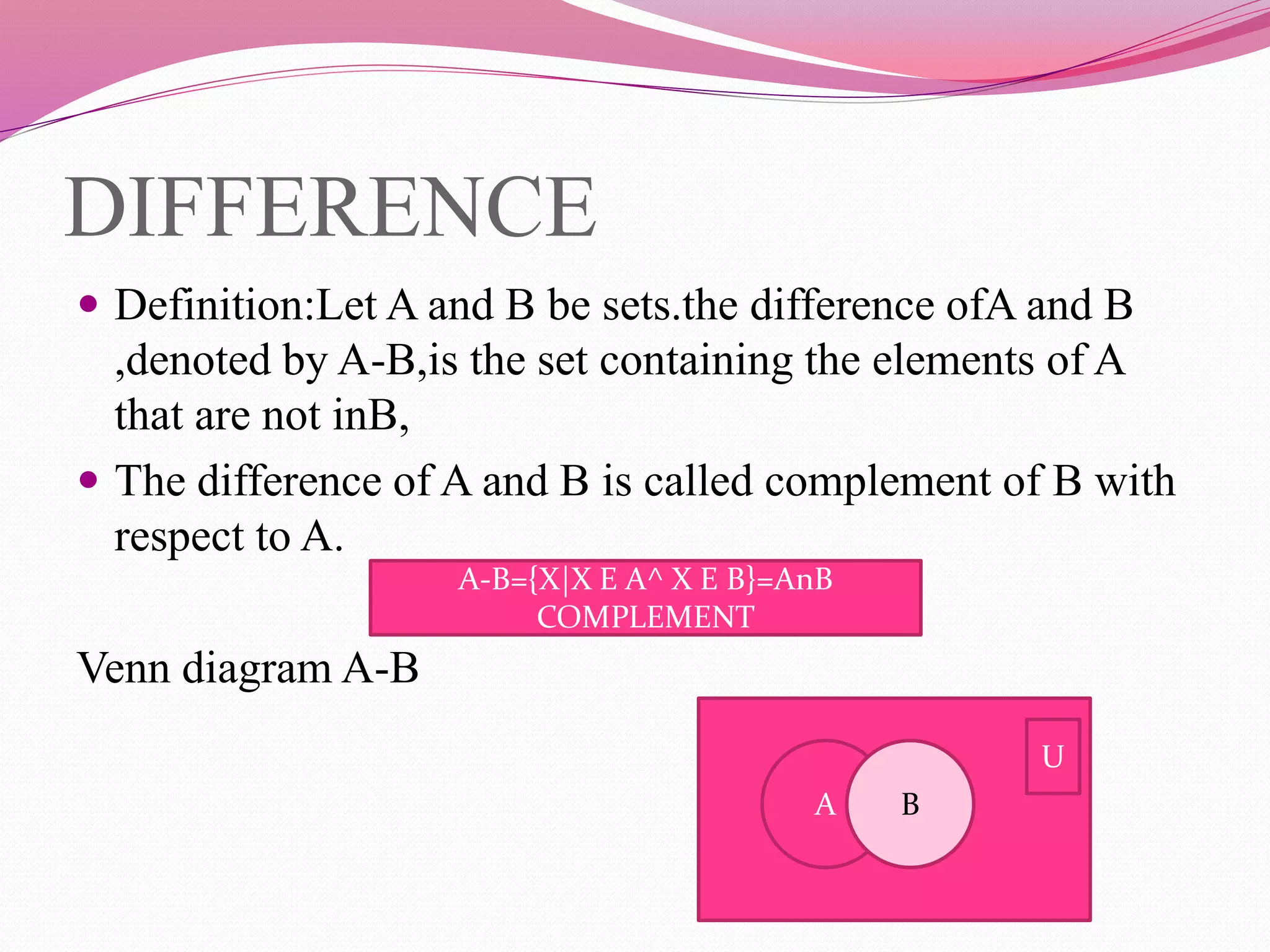 DIFFERENCE
 Definition:Let A and B be sets.the difference ofA and B
,denoted by A-B,is the set containing the elements of A
that are not inB,
 The difference of A and B is called complement of B with
respect to A.
Venn diagram A-B
A-B={X|X E A^ X E B}=AnB
COMPLEMENT
A B
U
 