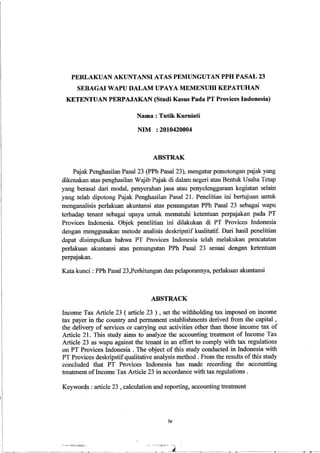 PERLAKUAN AKUNTANSI ATAS ATAS PEMUNGUTAN PPH PASAL 23 SEBAGAI WAPU DALAM UPAYA MEMENUHI KEPATUHAN KETENTUAN PERPAJAKAN 