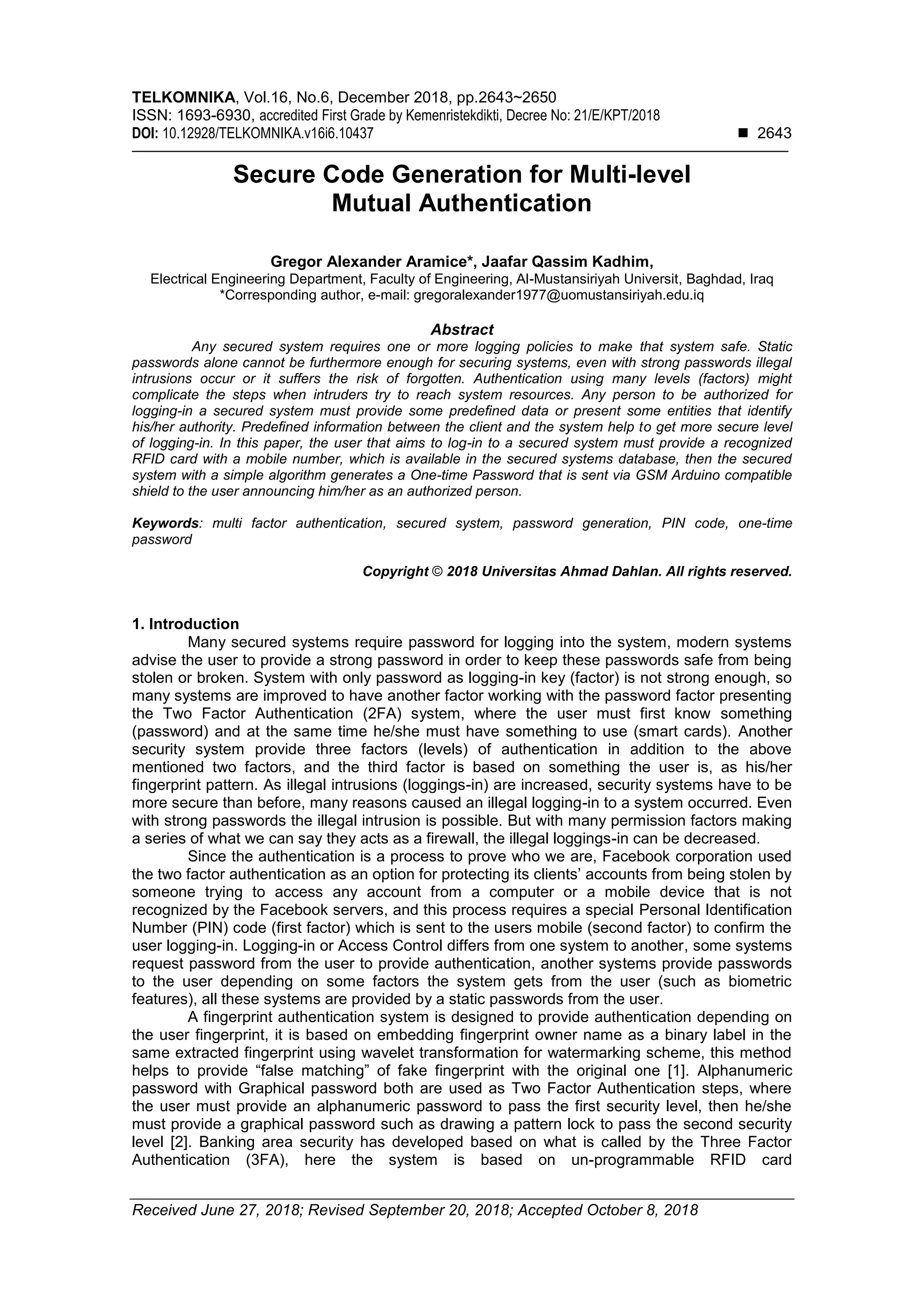 Secure Code Generation for Multi-level Mutual Authentication | PDF