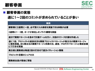 顧客参画                                                                            SEC
                                                                                Software Engineering
                                                                                for Mo･No･Zu･Ku･
                                                                                Ri


 顧客参画の実態
  週に1～2回のコミットが求められていることが多い
                                      事例
 顧客側に２週間に一回、必ず受け入れ検収を実施できる体制が必要

 2週間に1〜3度、オヸナが来社しオンサイト顧客を実施

 週次で開発マネヸジャを含めて計画ゲヸムを行い、次回のリリヸス計画を作成した
 週に１回、プロジェクトの進捗状況を開発プロジェクトマネヸジャが発注元の開発マネヸジャ
 に報告実施。また発注元の開発マネヸジャ同席の元、適宜、プロダクトマネヸジャと電話会議
 にて打合せ実施
 発注者と開発者は毎週２回の打合せで週次イテレヸション開発

 プロジェクト目標のシェアのみ

 開発者全員が現地に常駐


                  Copyright © 2010 ＩＰＡ, All Rights Reserved   Software Engineering Center         14
 