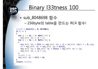 Binary l33tness 100Binary l33tness 100
• sub_8048698 함수
256byte의 table을 만드는 RC4 함수!– 256byte의 table을 만드는 RC4 함수!
 