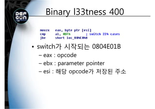 Binary l33tness 400Binary l33tness 400
• switch가 시작되는 0804E01Bswitch가 시작되는 0804E01B
– eax : opcode
– ebx : parameter pointer
– esi : 해당 opcode가 저장된 주소esi : 해당 opcode가 저장된 주소
 