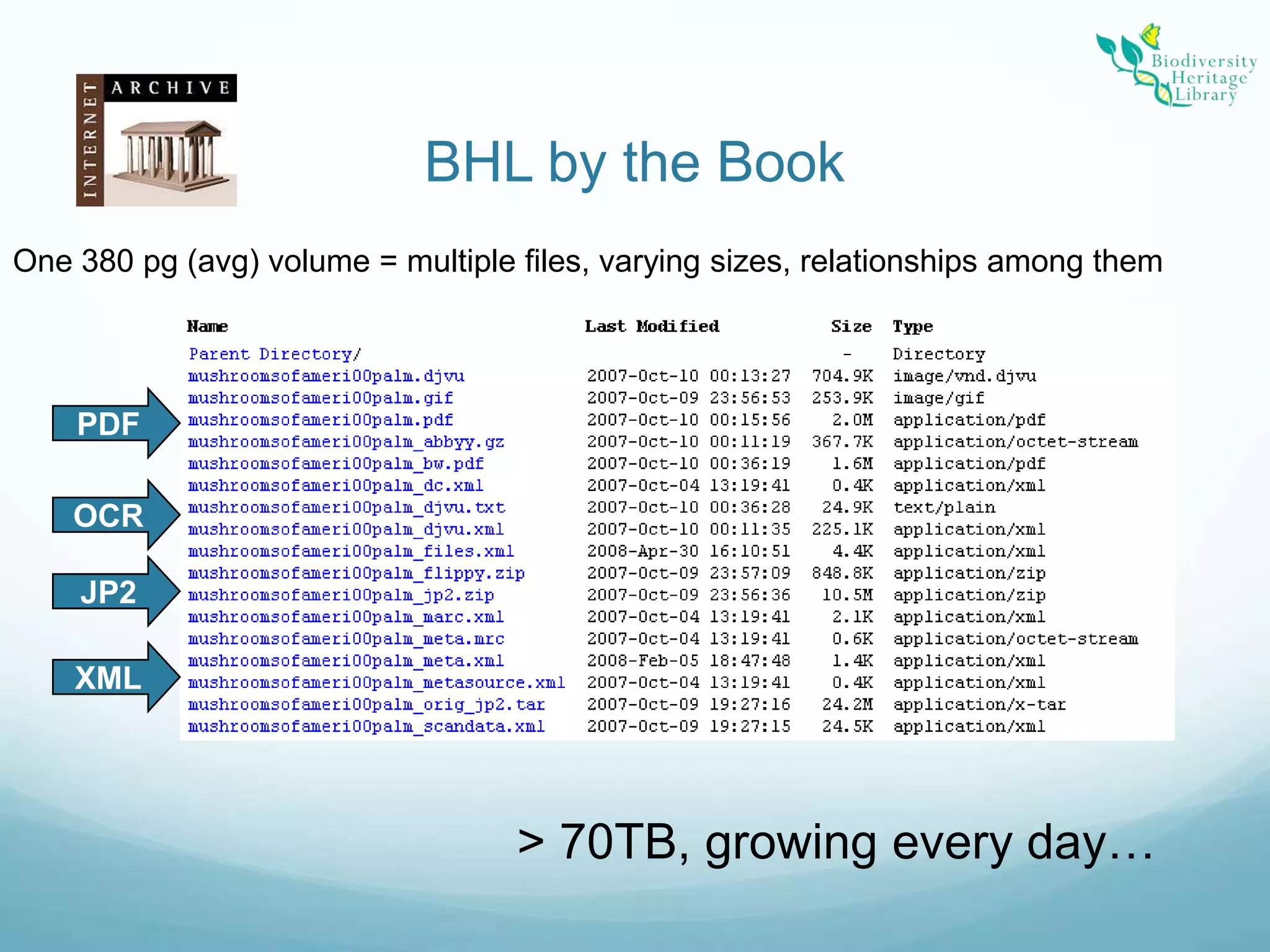 BHL by the BookOne 380 pg (avg) volume = multiple files, varying sizes, relationships among themPDFOCRJP2XML> 70TB, growing every day…