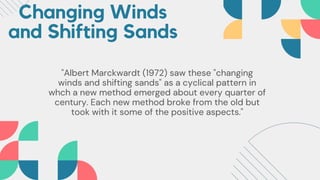 Changing Winds
and Shifting Sands
"Albert Marckwardt (1972) saw these "changing
winds and shifting sands" as a cyclical pattern in
whch a new method emerged about every quarter of
century. Each new method broke from the old but
took with it some of the positive aspects."
 