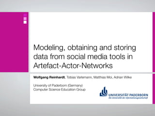 Modeling, obtaining and storing
data from social media tools in
Artefact-Actor-Networks
Wolfgang Reinhardt, Tobias Varlemann, Matthias Moi, Adrian Wilke

University of Paderborn (Germany)
Computer Science Education Group
 