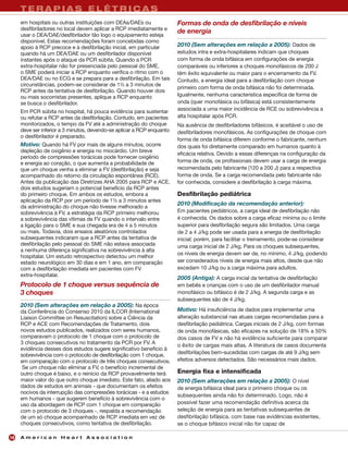 TERAPIAS ELÉTRICAS
     em hospitais ou outras instituições com DEAs/DAEs ou               Formas de onda de desfibrilação e níveis
     desfibriladores no local devem aplicar a RCP imediatamente e
                                                                        de energia
     usar o DEA/DAE/desfibrilador tão logo o equipamento esteja
     disponível. Estas recomendações foram concebidas como
     apoio à RCP precoce e à desfibrilação inicial, em particular       2010 (Sem alterações em relação a 2005): Dados de
     quando há um DEA/DAE ou um desfibrilador disponível                estudos intra e extra-hospitalares indicam que choques
     instantes após o ataque da PCR súbita. Quando a PCR                com forma de onda bifásica em configurações de energia
     extra-hospitalar não for presenciada pelo pessoal do SME,          comparáveis ou inferiores a choques monofásicos de 200 J
     o SME poderá iniciar a RCP enquanto verifica o ritmo com o         têm êxito equivalente ou maior para o encerramento da FV.
     DEA/DAE ou no ECG e se prepara para a desfibrilação. Em tais       Contudo, a energia ideal para a desfibrilação com choque
     circunstâncias, podem-se considerar de 1½ a 3 minutos de
                                                                        primeiro com forma de onda bifásica não foi determinada.
     RCP antes da tentativa de desfibrilação. Quando houver dois
     ou mais socorristas presentes, aplique a RCP enquanto              Igualmente, nenhuma característica específica de forma de
     se busca o desfibrilador.                                          onda (quer monofásica ou bifásica) está consistentemente
     Em PCR súbita no hospital, há pouca evidência para sustentar       associada a uma maior incidência de RCE ou sobrevivência a
     ou refutar a RCP antes da desfibrilação. Contudo, em pacientes     alta hospitalar após PCR.
     monitorizados, o tempo da FV até a administração do choque         Na ausência de desfibriladores bifásicos, é aceitável o uso de
     deve ser inferior a 3 minutos, devendo-se aplicar a RCP enquanto   desfibriladores monofásicos. As configurações de choque com
     o desfibrilador é preparado.
                                                                        forma de onda bifásica diferem conforme o fabricante, nenhum
     Motivo: Quando há FV por mais de alguns minutos, ocorre            dos quais foi diretamente comparado em humanos quanto à
     depleção de oxigênio e energia no miocárdio. Um breve
                                                                        eficácia relativa. Devido a essas diferenças na configuração da
     período de compressões torácicas pode fornecer oxigênio
     e energia ao coração, o que aumenta a probabilidade de             forma de onda, os profissionais devem usar a carga de energia
     que um choque venha a eliminar a FV (desfibrilação) e seja         recomendada pelo fabricante (120 a 200 J) para a respectiva
     acompanhado do retorno da circulação espontânea (RCE).             forma de onda. Se a carga recomendada pelo fabricante não
     Antes da publicação das Diretrizes AHA 2005 para RCP e ACE,        for conhecida, considere a desfibrilação à carga máxima.
     dois estudos sugeriam o potencial benefício da RCP antes
     do primeiro choque. Em ambos os estudos, embora a                  Desfibrilação pediátrica
     aplicação da RCP por um período de 1½ a 3 minutos antes
                                                                        2010 (Modificação da recomendação anterior):
     da administração do choque não tivesse melhorado a
     sobrevivência à FV, a estratégia da RCP primeiro melhorou          Em pacientes pediátricos, a carga ideal de desfibrilação não
     a sobrevivência das vítimas de FV quando o intervalo entre         é conhecida. Os dados sobre a carga eficaz mínima ou o limite
     a ligação para o SME e sua chegada era de 4 a 5 minutos            superior para desfibrilação segura são limitados. Uma carga
     ou mais. Todavia, dois ensaios aleatórios controlados              de 2 a 4 J/kg pode ser usada para a energia de desfibrilação
     subsequentes indicaram que a RCP antes da tentativa de             inicial; porém, para facilitar o treinamento, pode-se considerar
     desfibrilação pelo pessoal do SME não estava associada             uma carga inicial de 2 J/kg. Para os choques subsequentes,
     a nenhuma diferença significativa na sobrevivência à alta
                                                                        os níveis de energia devem ser de, no mínimo, 4 J/kg, podendo
     hospitalar. Um estudo retrospectivo detectou um melhor
     estado neurológico em 30 dias e em 1 ano, em comparação            ser considerados níveis de energia mais altos, desde que não
     com a desfibrilação imediata em pacientes com FV                   excedam 10 J/kg ou a carga máxima para adultos.
     extra-hospitalar.
                                                                        2005 (Antiga): A carga inicial da tentativa de desfibrilação
     Protocolo de 1 choque versus sequência de                          em bebês e crianças com o uso de um desfibrilador manual
     3 choques                                                          monofásico ou bifásico é de 2 J/kg. A segunda carga e as
                                                                        subsequentes são de 4 J/kg.
     2010 (Sem alterações em relação a 2005): Na época
     da Conferência do Consenso 2010 da ILCOR (International            Motivo: Há insuficiência de dados para implementar uma
     Liaison Committee on Resuscitation) sobre a Ciência da             alteração substancial nas atuais cargas recomendadas para a
     RCP e ACE com Recomendações de Tratamento, dois                    desfibrilação pediátrica. Cargas iniciais de 2 J/kg, com formas
     novos estudos publicados, realizados com seres humanos,            de onda monofásicas, são eficazes na solução de 18% a 50%
     comparavam o protocolo de 1 choque com o protocolo de              dos casos de FV e não há evidência suficiente para comparar
     3 choques consecutivos no tratamento da PCR por FV. A              o êxito de cargas mais altas. A literatura de casos documenta
     evidência desses dois estudos sugere significativo benefício à
     sobrevivência com o protocolo de desfibrilação com 1 choque,       desfibrilações bem-sucedidas com cargas de até 9 J/kg sem
     em comparação com o protocolo de três choques consecutivos.        efeitos adversos detectados. São necessários mais dados.
      Se um choque não eliminar a FV, o benefício incremental de
     outro choque é baixo, e o reinício da RCP provavelmente terá       Energia fixa e intensificada
     maior valor do que outro choque imediato. Este fato, aliado aos    2010 (Sem alterações em relação a 2005): O nível
     dados de estudos em animais - que documentam os efeitos            de energia bifásica ideal para o primeiro choque ou os
     nocivos da interrupção das compressões torácicas - e a estudos
                                                                        subsequentes ainda não foi determinado. Logo, não é
     em humanos - que sugerem benefício à sobrevivência com o
     uso da abordagem de RCP com 1 choque em comparação                 possível fazer uma recomendação definitiva acerca da
     com o protocolo de 3 choques -, respalda a recomendação            seleção de energia para as tentativas subsequentes de
     de um só choque acompanhado de RCP imediata em vez de              desfibrilação bifásica. com base nas evidências existentes,
     choques consecutivos, como tentativa de desfibrilação.             se o choque bifásico inicial não for capaz de

10   American Heart Association
 