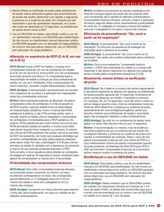 S B V E M P E D I AT R I A
• Menos ênfase na verificação do pulso pelos profissionais      Motivo: Evidência proveniente de estudos radiológicos do
  de saúde: dados adicionais sugerem que os profissionais       tórax em crianças sugere que pode não ser possível obter
  de saúde não podem determinar com rapidez e segurança         uma compressão até a metade do diâmetro anteroposterior.
  a presença ou a ausência de pulso. Em crianças que não        Compressões torácicas eficazes, contudo, exigem a aplicação
  respondem e que não apresentam respiração, se o pulso         de força e, segundo dados novos, recomenda-se a profundidade
  não puder ser detectado em 10 segundos, os profissionais      de cerca de 1½ polegada (4 cm) para a maioria dos bebês e
  de saúde devem iniciar a RCP.                                 cerca de 2 polegadas (5 cm) para a maioria das crianças.
• Uso do DEA/DAE em bebês: para bebês, prefira o uso de         Eliminação do procedimento "Ver, ouvir e
  um desfibrilador manual a um DEA/DAE para desfibrilação.      sentir se há respiração”
  Se não houver um desfibrilador manual disponível, prefira
  um DEA/DAE equipado com um atenuador de carga pediátrico.     2010 (Nova): O procedimento "Ver, ouvir e sentir se há
  Se nenhum dos dois estiver disponível, use um DEA/DAE         respiração” foi removido da sequência de avaliação da
  sem atenuador de carga pediátrico.                            respiração após a abertura da via aérea.
                                                                2005 (Antiga): O procedimento "Ver, ouvir e sentir se há
Alteração na sequência da RCP (C-A-B, em vez                    respiração” era usado para avaliar a respiração após a abertura
de A-B-C)                                                       da via aérea.
                                                                Motivo: Com a nova sequência “compressão torácica
2010 (Nova): Iniciar a RCP em bebês e crianças com              primeiro”, a RCP será executada se o bebê ou a criança não
compressões torácicas, em vez de ventilações de resgate         responder e não estiver respirando (ou apenas com gasping),
(C-A-B, em vez de A-B-C). Inicie a RCP com 30 compressões       sendo iniciada pelas compressões (sequência C-A-B).
(socorrista atuando sozinho) ou 15 compressões (para a
ressuscitação de bebês e crianças por dois profissionais de     Novamente, menos ênfase na verificação
saúde), em vez de 2 ventilações. Para a ressuscitação de        de pulso
recém-nascidos, consulte a seção Ressuscitação neonatal.
                                                                2010 (Nova): Se o bebê ou a criança não estiver respondendo
2005 (Antiga): A ressuscitação cardiopulmonar era iniciada
                                                                e não estiver respirando ou apenas com gasping, os profissionais
com a abertura da via aérea e a aplicação de 2 respirações
                                                                de saúde poderão aguardar até 10 segundos na tentativa de
antes das compressões torácicas.
                                                                sentir o pulso (braquial, em bebês, e carotídeo ou femoral,
Motivo: Esta importante proposta de alteração, de aplicar       em crianças). Se, em 10 segundos, você não sentir o pulso ou
compressões antes de ventilações (C-A-B) na sequência           estiver inseguro quanto a isso, inicie as compressões torácicas.
de RCP, suscitou vigoroso debate entre os especialistas         Pode ser difícil determinar a presença ou ausência de pulso,
em ressuscitação pediátrica. Como a maioria das PCRs            especialmente em uma emergência/urgência, sendo que
pediátricas é asfíxica, e não PCR primária súbita, tanto a      estudos mostram que profissionais de saúde e socorristas
intuição quanto os dados clínicos respaldam a necessidade       leigos não conseguem detectar o pulso confiavelmente.
de ventilações e compressões para a RCP pediátrica. No          2005 (Antiga): Se você for um profissional de saúde, tente
entanto, PCRs pediátricas são muito menos comuns do que         palpar um pulso. Não demore mais do que 10 segundos.
PCRs (primárias) súbitas em adultos, e muitos socorristas
                                                                Motivo: A recomendação é a mesma, mas há evidência
nada fazem quando ficam inseguros ou confusos. A maioria        adicional sugestiva de que os profissionais de saúde não
das vítimas de PCR pediátrica não recebe nenhuma manobra        conseguem detectar a presença ou ausência de pulso com
de RCP dos presentes, de modo que qualquer estratégia que       rapidez e confiabilidade em crianças. Dado o risco de não
aumente a probabilidade de ação pelas pessoas presentes         aplicar compressões torácicas em uma vítima de PCR e o
pode salvar vidas. Por isso, a abordagem C-A-B para vítimas     risco relativamente mínimo de aplicar compressões quando
de todas as idades foi adotada com a esperança de aumentar      há pulso presente, as Diretrizes da AHA 2010 para RCP e
a chance de que pessoas presentes executem a RCP.               ACE recomendam compressões torácicas se o socorrista
Teoricamente, a nova sequência deve retardar as ventilações     estiver inseguro quanto à presença de pulso.
de resgate em apenas 18 segundos (o tempo necessário para
aplicar 30 compressões) ou menos (com 2 socorristas).           Desfibrilação e uso do DEA/DAE em bebês
Profundidade das compressões torácicas                          2010 (Nova): Para bebês, prefira o uso de um desfibrilador
                                                                manual a um DEA/DAE para desfibrilação. Se não houver um
2010 (Nova): Para obter compressões torácicas eficazes,         desfibrilador manual disponível, prefira um DEA/DAE equipado
os socorristas devem comprimir, no mínimo, um terço             com um atenuador de carga pediátrico. Se nenhum dos dois
do diâmetro anteroposterior do tórax. Isto corresponde,         estiver disponível, use um DEA/DAE sem atenuador de
aproximadamente, a 1½ polegada (cerca de 4 cm) na               carga pediátrico.
maioria dos bebês e cerca de 2 polegadas (5 cm) na              2005 (Antiga): Dados mostram que os DEAs/DAEs podem
maioria das crianças.                                           ser usados com segurança e eficácia em crianças de 1 a 8
2005 (Antiga): Comprimir com força suficiente para deprimir     anos de idade. Porém, os dados são insuficientes para que s
o tórax até, aproximadamente, um terço ou metade de seu         e emita uma recomendação pró ou contra o uso de DEA/DAE
diâmetro anteroposterior.                                       em bebês com menos de 1 ano de idade.


                                                      Des ta q u es d a s Di r etr i zes d a AH A 201 0 p a r a RC P e AC E        19
 