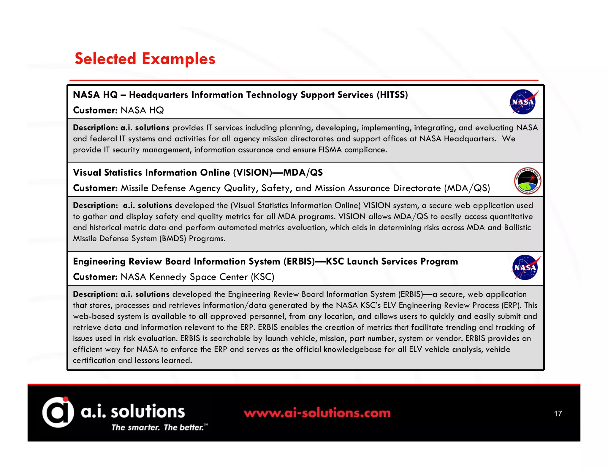 Selected Examples
NASA HQ – Headquarters Information Technology Support Services (HITSS)
Customer: NASA HQ
Description: a.i. solutions provides IT services including planning, developing, implementing, integrating, and evaluating NASA
and federal IT systems and activities for all agency mission directorates and support offices at NASA Headquarters. We
provide IT security management, information assurance and ensure FISMA compliance.

Visual Statistics Information Online (VISION)—MDA/QS
Customer: Missile Defense Agency Quality, Safety, and Mission Assurance Directorate (MDA/QS)
Description: a.i. solutions developed the (Visual Statistics Information Online) VISION system, a secure web application used
to gather and display safety and quality metrics for all MDA programs. VISION allows MDA/QS to easily access quantitative
and historical metric data and perform automated metrics evaluation, which aids in determining risks across MDA and Ballistic
Missile Defense System (BMDS) Programs.

Engineering Review Board Information System (ERBIS)—KSC Launch Services Program
Customer: NASA Kennedy Space Center (KSC)
Description: a.i. solutions developed the Engineering Review Board Information System (ERBIS)—a secure, web application
that stores, processes and retrieves information/data generated by the NASA KSC’s ELV Engineering Review Process (ERP). This
web-based system is available to all approved personnel, from any location, and allows users to quickly and easily submit and
retrieve data and information relevant to the ERP. ERBIS enables the creation of metrics that facilitate trending and tracking of
issues used in risk evaluation. ERBIS is searchable by launch vehicle, mission, part number, system or vendor. ERBIS provides an
efficient way for NASA to enforce the ERP and serves as the official knowledgebase for all ELV vehicle analysis, vehicle
certification and lessons learned.




                                                                                                                                    17
 