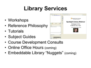 Obstacles 18,000+ students : 3 FT librarians +270% reference volume last 5 years Teaching information skills = time & effort 