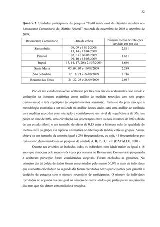 32
Quadro 2. Unidades participantes da pesquisa “Perfil nutricional da clientela atendida nos
Restaurante Comunitário do Distrito Federal” realizada de novembro de 2008 a setembro de
2009.
Restaurante Comunitário Data da coleta Número médio de refeições
servidas em por dia
Samambaia 08, 09 e 11/12/2008
13, 14 e 17/04/2009
2.891
Paranoá 02, 03 e 06/02/2009
09, 10 e 13/03/2009
1.821
Itapoã 13, 14, 17, 20 e 21/07/2009 1.646
Santa Maria 03, 04, 07 e 10/08/2009 2.299
São Sebastião 17, 18, 21 e 24/08/2009 2.716
Recanto das Emas 21, 22, 25 e 28/09/2009 2.047
Por ser um estudo transversal realizado por três dias em seis restaurantes esse estudo é
conhecido na literatura estatística como análise de medidas repetidas com seis grupos
(restaurantes) e três repetições (acompanhamentos semanais). Partiu-se do princípio que a
metodologia estatística a ser utilizada na análise desses dados será uma análise de variância
para medidas repetidas com interação e considerou-se um nível de significância de 5%, um
poder de teste de 80%, uma correlação das observações entre os dois instantes de 0,02 (obtida
de um estudo piloto) e um tamanho de efeito de 0,15 entre a hipótese nula de igualdade de
médias entre os grupos e a hipótese alternativa de diferença de médias entre os grupos. Assim,
obteve-se um tamanho de amostra igual a 246 frequentadores, ou seja, 41 frequentadores por
restaurante, denominados nessa pesquisa de unidade A, B, C, D, E e F (DATALLO, 2008).
Quanto aos critérios de inclusão, todos os indivíduos com idade maior ou igual a 18
anos que almoçam pelo menos três vezes por semana no Restaurante Comunitário pesquisado
e aceitaram participar foram considerados elegíveis. Foram excluídas as gestantes. No
primeiro dia de coleta de dados foram entrevistados pelo menos 50,0% a mais de indivíduos
que a amostra calculada e no segundo dia foram recrutados novos participantes para garantir o
desfecho da pesquisa com o número necessário de participantes. O número de indivíduos
recrutados no segundo dia era igual ao número de entrevistados que participaram no primeiro
dia, mas que não deram continuidade à pesquisa.
 