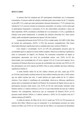 46
RESULTADOS
A amostra final foi composta por 267 participantes distribuídos nos 6 restaurantes
comunitários. O número médio de refeições realizadas pelos entrevistados foi de 3,7 refeições
ao dia (DP=1,11), sendo que todos participantes almoçam diariamente e 77,5% realizam essa
refeição de 5 a 6 vezes por semana no restaurante comunitário. Ao avaliar o motivo pelo qual
os participantes frequentam o restaurante, 61,1% dos entrevistados consideram o preço um
fator importante, 44,9% consideram a facilidade de ir ao restaurante e 31,5%, a qualidade da
refeição como ponto fundamental. A variedade das refeições oferecidas foi o fator menos
citado, sendo considerado importante por apenas 3,4% dos usuários.
A proporção de homens foi de 79,5% (n=212) e a idade média, 38,3 (DP=12,80). Mais
da metade dos participantes (56,9%; n=152) não possuem companheiro(a). Não foram
observadas diferenças significantes entre as unidades para essas variáveis (Tabela 1).
Com relação à escolaridade, 52,1% (n=139) dos participantes possuem grau de
escolaridade igual ou superior ao ensino médio completo. Observou-se diferença significativa
entre os restaurantes de Itapoã e do Paranoá. No restaurante comunitário de Itapoã os
participantes apresentam um nível de escolaridade menor, com 34,8% (n=15) dos
entrevistados com escolaridade até a 4ª série e apenas 2,3% (n=1) com nível superior. Já no
restaurante do Paranoá observou-se um grau de escolaridade mais elevado com 30,9% (n=13)
dos participantes com nível superior (p<0,001). Para as outras unidades não houve diferença
significativa (Tabela 1).
A renda familiar média foi de três salários mínimos por mês, sendo que 87,3%
(n=233) dos entrevistados recebiam menos de cinco salários mínimos por mês e 14,6% menos
que um salário mínimo por mês. A renda familiar per capita média foi de 1,3 salários
mínimos. Com relação à semelhança da escolaridade, observou-se diferença significativa
apenas entre os restaurantes de Itapoã e do Paranoá. No restaurante de Itapoã, notou-se que os
participantes possuem renda menor, com 74,5% (n=32) dos entrevistados referindo renda
familiar inferior a 2 salários mínimos e 2,3% (n=1) com renda familiar de mais de 5 salários
mínimos. Em contrapartida, observou-se que no restaurante do Paranoá 26,2% (n=11)
possuem renda familiar inferior a 2 salários mínimos e 28,6% (n=12) recebem mais de 5
salários mínimos (P=0,0027).
A média de número de filhos foi de 1,6±1,5 sendo que 72,3% (n=193) possuem no
máximo dois filhos. Observa-se que no restaurante A os participantes possuem um maior
número de filhos com 27,9% (n=12) com mais de três filhos e no restaurante de Samambaia
 