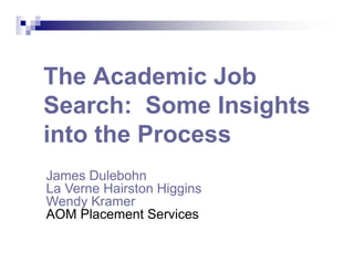 The Academic Job
Search: Some Insights
into the Process
James Dulebohn
La Verne Hairston Higgins
Wendy Kramer
AOM Placement Services
 