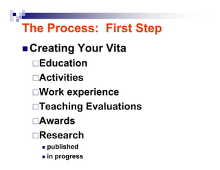 The Process: First Step
 Creating Your Vita
  Education
  Activities
  Work experience
  Teaching Evaluations
  Awards
  R...