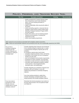 Developing Workplace Violence and Harassment Policies and Programs: A Toolbox




        Overview andProgram, actionTraining Review Tool
          Policy, Context for and
                             Yes No                  Examples of Content                        Existing   Recommended

                                      • identify consequences if workers become violent
                                        (the consequences could include disciplinary
                                        action, up to and including termination of
                                        employment)
                                      • respect confidentiality, while ensuring the safety of
                                        all workers
                                      • outline counselling supports or resources that are
                                        available to assist workers (critical incident stress
                                        debriefing, Employee Assistance Program (EAP),
                                        and other support)
                                      • specify other actions, such as reviewing program
                                        measures and procedures or reviewing the
                                        assessment of risks
                                      • outline record-keeping requirements


Other measures and procedures associated with workplace violence prevention
note: These are recommended measures and procedures that may not be specifically required by the OHSA

Do you have a                         Consider integrating these measures and procedures
workplace emergency                   into an existing emergency response plan, or create
response plan that                    a comprehensive emergency response plan for the
includes measures and                 workplace.
procedures for calling for            An emergency response plan could include:
immediate help?                       • emergency response protocols, teams, and training
                                      • information on the location and use of emergency
                                        facilities and safe areas
                                      • alarm and emergency communication requirements
                                      • procedures for rescue, lockdown, and evacuation
                                      • information on when and how to contact the police
                                      • information about designated emergency workers,
                                        contact persons, crisis management plans,
                                        evacuation plans, and building plans

                                      Consider integrating your workplace’s measures and
                                      procedures with your building’s, or join with
                                      neighbouring businesses to coordinate emergency
                                      response.


                                      If you have existing procedures, update them.
                                      Consider developing a workplace-specific work
                                      refusal procedure that includes workplace violence.

If you have internal                  Remember that internal procedures must conform to
procedures for work                   the work refusal process in the Occupational Health
refusals, have you                    and Safety Act.
updated them to include
workplace violence?




                                                                                                                         9
 