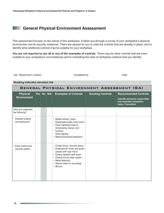Developing Workplace Violence and Harassment Policies and Programs: A Toolbox




         General physical environment assessment


This assessment focuses on the nature of the workplace. It takes you through a survey of your workplace’s physical
environment and its security measures. There are spaces for you to note the controls that are already in place, and to
identify what additional controls may be suitable for your workplace.

You are not required to use all or any of the examples of controls. There may be other controls that are more
suitable to your workplace’s circumstances and to controlling the risks of workplace violence that you identify.




Job / Department/ Location:                              Completed by:                           Date:


Shading indicates elevated risk

       General and Context for action
        Overview Physical Environment Assessment (GA)
       Physical       Yes No N/A       Examples of Controls              Existing Controls   Recommended Controls
     Environment                                                                             (identify person(s) responsible
                                                                                             and expected completion
                                                                                             dates, if possible)

Have you assessed
the following?

• Outside building                   • Bolted entries / locks
  and parking lot                    • Designated public entry doors
                                     • Clear sightlines (look at
                                       landscaping, layout, and
                                       bushes)
                                     • Good lighting
                                     • Motion/movement detectors


• Entry control and                  • Coded doors / security doors
  security system                    • Employee ID cards and guest
                                       passes with sign-in/out
                                     • Clearly labelled staff areas
                                     • Closed-circuit video system
                                     • Metal detectors
                                     • Alarms (silent or sounding)
                                     • Mirrors




18
 