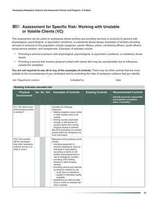 Developing Workplace Violence and Harassment Policies and Programs: A Toolbox




          assessment for Specific risk: Working with Unstable
          or Volatile Clients (VC)
This assessment can be useful to workplaces where workers are providing services or products to persons with
physiological, psychological, or psychiatric conditions, or substance abuse issues. Examples of workers providing
services or products to this population include caregivers, parole officers, police, corrections officers, youth officers,
social service workers, and receptionists. Examples of activities include:

  •    Providing a service to persons with physiological, psychological, or psychiatric conditions, or substance abuse
       issues
  •    Providing a service that involves physical contact with clients who may be unpredictable due to influences
       outside the workplace

You are not required to use all or any of the examples of controls. There may be other controls that are more
suitable to the circumstances of your workplace and to controlling the risks of workplace violence that you identify.

Job / Department/ Location:                                Completed by:                          Date:


 Shading indicates elevated risk
        Physical          Yes No N/A    Examples of Controls               Existing Controls   Recommended Controls
      Environment                                                                              (identify person(s) responsible
                                                                                               and expected completion
                                                                                               dates, if possible)

 VC1. Do clients have                  Consider the following
 direct physical access                measures:
 to workers?                           • Making reception areas visible
                                         to other workers and to the
                                         outside
                                       • Having counters built wide
                                         enough or with barriers to
                                         prevent clients from having
                                         physical access to workers
                                       See VC3 (restricting non-worker
                                       access within the workplace) for
                                       more information.
 VC2. Can workers                      Measures and procedures could
 call for immediate                    include:
 help when workplace                   • providing equipment to
 violence occurs or is                   summon assistance, such as
 likely to occur?                        individual or fixed alarms
                                         (sounding or silent) or cell
                                         phones (pre-programmed to
                                         call an emergency number)
                                       • providing GPS tracking
                                         devices or other locating
                                         devices
                                       • providing internal and external
                                         numbers for workers to call
                                           • at all hours of operations
                                           • posted or otherwise readily
                                             available
                                       • establishing an internal code
                                         word or words to indicate that
                                         help is needed


                                                                                                                                 35
 