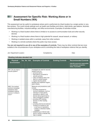 Developing Workplace Violence and Harassment Policies and Programs: A Toolbox




          assessment for Specific risk: Working alone or in
          Small numbers (Wa)
This assessment can be useful to workplaces where work is performed at a fixed location by a single worker or very
few workers. This could include settings such as health care facilities and clinics, retail stores, gas stations, factories,
manufacturing facilities, industrial settings, and office environments. Examples of activities include:

  •    Working in a fixed location where there is limited or no access to communication tools and other security
       devices
  •    Working in a fixed location where there is high potential for assault, sexual assault, or robbery
  •    Working in isolated areas within a worksite, away from other workers
  •    Working in a remote worksite where the public may have access

You are not required to use all or any of the examples of controls. There may be other controls that are more
suitable to the circumstances of your workplace and to controlling the risks of workplace violence that you identify.


Job / Department/ Location:                               Completed by:                          Date:


 Shading indicates elevated risk
        Physical         Yes No N/A    Examples of Controls               Existing Controls   Recommended Controls
      Environment                                                                             (identify person(s) responsible
                                                                                              and expected completion
                                                                                              dates, if possible)

WA1. Do you have a                    Investigate the need for security
security system?                      systems such as:
                                      • personal alarms
                                      • fixed alarms connected to
                                        security services
                                      • video surveillance with a live
                                        feed to a central location
                                      • regular security patrols
                                      Develop and implement regular
                                      alarm checks.
WA2. Can workers                      Measures and procedures could
summon immediate                      include:
assistance when                       • providing equipment to
workplace violence                      summon assistance, such as
occurs or is likely to                  individual or fixed alarms
occur?                                  (sounding or silent) or cell
                                        phones (pre-programmed to
                                        call an emergency number)
                                      • providing GPS tracking
                                        devices or other locating
                                        devices
                                      • providing internal and external
                                        numbers for workers to call
                                          • at all hours of operations
                                          • posted or otherwise readily
                                            available
                                      • establishing an internal code
                                        word or words to indicate that
                                        help is needed


 40
 