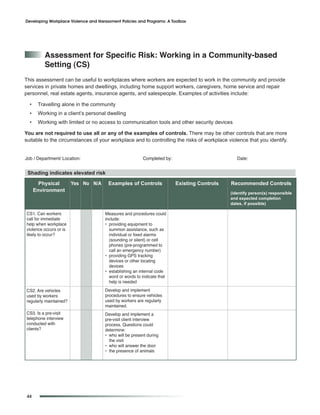 Developing Workplace Violence and Harassment Policies and Programs: A Toolbox




          assessment for Specific risk: Working in a Community-based
          Setting (CS)
This assessment can be useful to workplaces where workers are expected to work in the community and provide
services in private homes and dwellings, including home support workers, caregivers, home service and repair
personnel, real estate agents, insurance agents, and salespeople. Examples of activities include:

  •    Travelling alone in the community
  •    Working in a client’s personal dwelling
  •    Working with limited or no access to communication tools and other security devices

You are not required to use all or any of the examples of controls. There may be other controls that are more
suitable to the circumstances of your workplace and to controlling the risks of workplace violence that you identify.


Job / Department/ Location:                              Completed by:                          Date:


 Shading indicates elevated risk
        Physical        Yes No N/A     Examples of Controls              Existing Controls   Recommended Controls
      Environment                                                                            (identify person(s) responsible
                                                                                             and expected completion
                                                                                             dates, if possible)

CS1. Can workers                      Measures and procedures could
call for immediate                    include:
help when workplace                   • providing equipment to
violence occurs or is                   summon assistance, such as
likely to occur?                        individual or fixed alarms
                                        (sounding or silent) or cell
                                        phones (pre-programmed to
                                        call an emergency number)
                                      • providing GPS tracking
                                        devices or other locating
                                        devices
                                      • establishing an internal code
                                        word or words to indicate that
                                        help is needed
CS2. Are vehicles                     Develop and implement
used by workers                       procedures to ensure vehicles
regularly maintained?                 used by workers are regularly
                                      maintained.
CS3. Is a pre-visit                   Develop and implement a
telephone interview                   pre-visit client interview
conducted with                        process. Questions could
clients?                              determine:
                                      • who will be present during
                                        the visit
                                      • who will answer the door
                                      • the presence of animals




 44
 