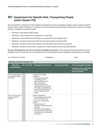 Developing Workplace Violence and Harassment Policies and Programs: A Toolbox




          assessment for Specific risk: transporting people
          and/or Goods (tG)
This assessment is designed to help workplaces determine the risk of workplace violence where workers transport
people in taxis, buses, streetcars, or subways, and where workers transfer goods of all kinds in trucks and mid-size
vehicles. Examples of activities include:

  •    Working in high-density traffic routes
  •    Working in areas where there is exposure to “road rage”
  •    Working in areas where there is limited or no access to communication tools
  •    Working in situations where the public has physical access to the driver/staff
  •    Working in situations where fare collection and the enforcement of fares is required
  •    Working in situations where there is exposure to theft of goods that are being transferred

You are not required to use all or any of the examples of controls. There may be other controls that are more
suitable to the circumstances of your workplace and to controlling the risks of workplace violence that you identify.


Job / Department/ Location:                                Completed by:                          Date:


 Shading indicates elevated risk
        Physical         Yes No N/A    Examples of Controls                Existing Controls   Recommended Controls
      Environment                                                                              (identify person(s) responsible
                                                                                               and expected completion
                                                                                               dates, if possible)

 TG1. Do passengers                   Consider the following
 have physical access                 measures:
 to drivers?                          • Removing direct access
                                        by installing a cage,
                                        barrier/partition, or door
                                        with a glass shield
                                      • Posting a sign to warn
                                        passengers of the outcomes
                                        if the driver is harassed (e.g.,
                                        they will be denied access to
                                        service, the police will be
                                        called)
 TG2. Do drivers carry                Public transportation:
 large amounts of                     • Encourage the use of tickets,
 money?                                 tokens, or Smart Cards
                                      Truck drivers (transporting
                                      goods):
                                      • Increase the use of
                                        debit/credit cards for payment
                                        of goods
                                      • Carry little cash (establish a
                                        rule that money in excess of a
                                        set amount must be deposited
                                        at the bank)




                                                                                                                                 61
 