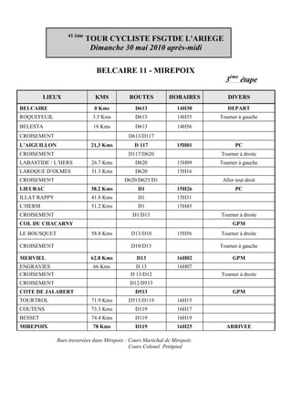 41 ème
                           TOUR CYCLISTE FSGTDE L'ARIEGE
                            Dimanche 30 mai 2010 après-midi

                               BELCAIRE 11 - MIREPOIX
                                                                             3ème étape

         LIEUX                KMS            ROUTES           HORAIRES        DIVERS
BELCAIRE                      0 Kms            D613              14H30        DEPART
ROQUEFEUIL                   3.5 Kms           D613              14H35     Tourner à gauche
BELESTA                      18 Kms            D613              14H56
CROISEMENT                                  D613/D117
L’AIGUILLON                 21,3 Kms           D 117             15H01            PC
CROISEMENT                                  D117/D620                      Tourner à droite
LABASTIDE / L’HERS          26.7 Kms           D620              15H09     Tourner à gauche
LAROQUE D’OLMES             31.3 Kms           D620              15H16
CROISEMENT                                 D620/D625/D1                     Aller tout droit
LIEURAC                     38.2 Kms             D1              15H26            PC
ILLAT RAPPY                 41.8 Kms             D1              15H31
L’HERM                      51.2 Kms             D1              15H45
CROISEMENT                                    D1/D13                       Tourner à droite
COL DU CHACARNY                                                                 GPM
LE BOUSQUET                 58.8 Kms          D13/D10            15H56     Tourner à droite

CROISEMENT                                    D10/D13                      Tourner à gauche

MERVIEL                     62.8 Kms            D13              16H02          GPM
ENGRAVIES                    66 Kms            D 13              16H07
CROISEMENT                                   D 13/D12                      Tourner à droite
CROISEMENT                                   D12/D513
COTE DE JALABERT                               D513                             GPM
TOURTROL                    71.9 Kms        D513/D119            16H15
COUTENS                     73.3 Kms           D119              16H17
BESSET                      74.4 Kms           D119              16H19
MIREPOIX                     78 Kms            D119              16H25       ARRIVEE

              Rues traversées dans Mirepoix : Cours Maréchal de Mirepoix
                                              Cours Colonel Petitpied
 