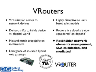 VRouters
• Virtualization comes to
network devices
• Demarc shifts to inside device
vs. physical world
• Mix and match pro...