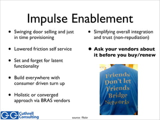 Impulse Enablement
• Swinging door selling and just
in time provisioning
• Lowered friction self service
• Set and forget ...