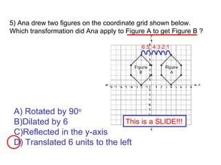 5) Ana drew two figures on the coordinate grid shown below. Which transformation did Ana apply to Figure A to get Figure B ? 6 5  4 3 2 1 This is a SLIDE!!! A) Rotated by 90 o   Dilated by 6 Reflected in the y-axis D) Translated 6 units to the left 