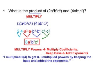 What is the product of (2a 2 b 3 c 6 ) and (4ab 4 c 2 )? (2a 2 b 3 c 6 ) (4ab 4 c 2 ) MULTIPLY 2∙4 ∙a 2 ∙a∙ b 3 ∙b 4 ∙c 6 ∙c 2 8 a 3 b 7 c 8 MULTIPLY Powers    Multiply Coefficients.   Keep Base & Add Exponents “ I multiplied 2(4) to get 8. I multiplied powers by keeping the  base and added the exponents.” 