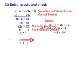13) Solve, graph, and check -8x – 8 < -3x + 12 Variables on Different Sides Cancel Smaller +3x  +3x -5x - 8 < 12 +8  +8 -5x   <  20 -5  -5 x > 4 Check -8x – 8 < -3x + 12 -8 (5)  – 8 < -3 (5)  + 12 –  48 < -3  Divide by Negative Flip Inequality Directio 4  5  6 