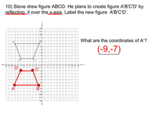 10) Steve drew figure ABCD. He plans to create figure A'B'C'D' by reflecting  it over the x-axis. Label the new figure  A'...