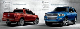 2010                                                                                                             2010
                  sPorT Trac                                                                                                       ExPLorEr
                          Dent-proof, scratch-resistant                                                                                        tried-and-true SUV
                                molded cargo box liner                             Pickup truck capability meets SUV versatility          built to meet your needs    With over 5.9 million Explorers sold in the U.S. alone,
                                                                                                                                                                      freedom is clearly a popular state of being
                                trailer Sway Control and                                                                             Seats up to 7 or carries up to
                               advancetrac® with rSC®                                                                                        85.8 cu. ft.2 of cargo
                                 (roll Stability ControltM)
                                        are both standard                                                                               Standard 4.0L V6 gets up
                                                                                                                                                 to 20 mpg hwy.3
                     4.6L 3-valve V81 delivers 292 hp
                                                                                                                                         trailer Sway Control and
                           Control trac® 4-wheel-drive1                                                                            7115-lb. max. towing capacity4
                                      (4WD) capability




Sport trac Limited            |   Dark Copper Metallic           |   available Equipment
                                                                                                                                                                                                                                                        Explorer Limited       |   Blue Flame Metallic       |   available Equipment
                                                                                                                                                                                                           2
                                                                                                                                                                                                             85.8 cu. ft. of cargo space in 5-passenger models with 2nd-row seats folded flat. Cargo and load capacity limited by weight and
1
    Optional. availability varies by model. See your dealer for details.                                                                                                                       weight distribution. 3 2010 EPa-estimated 14 mpg city/20 hwy. for Explorer 4x2. 4 When properly equipped. Based on 2009 model year ratings.
 