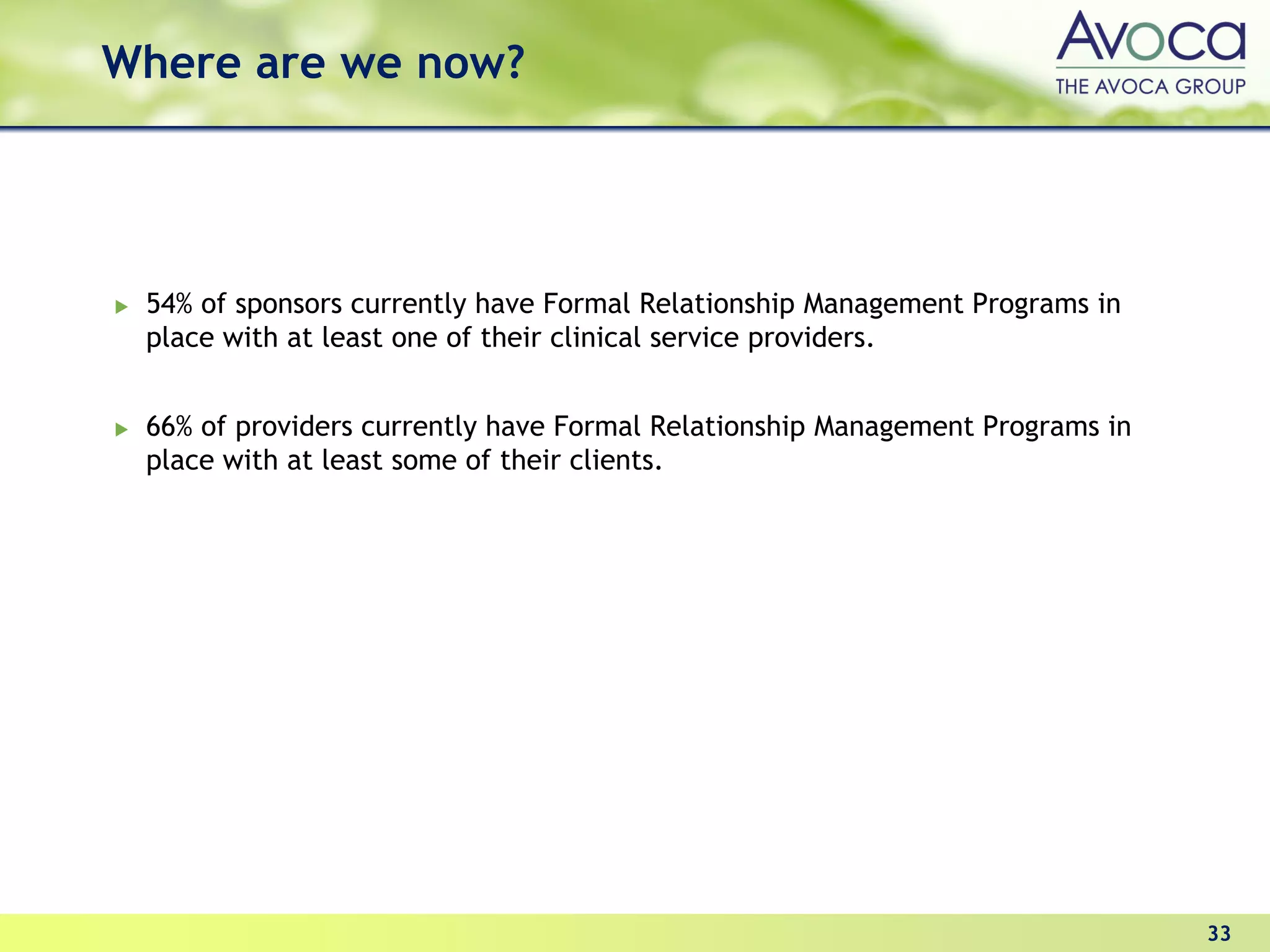 Where are we now?




 54% of sponsors currently have Formal Relationship Management Programs in
 place with at least one of their clinical service providers.


 66% of providers currently have Formal Relationship Management Programs in
 place with at least some of their clients.




                                                                              33
 